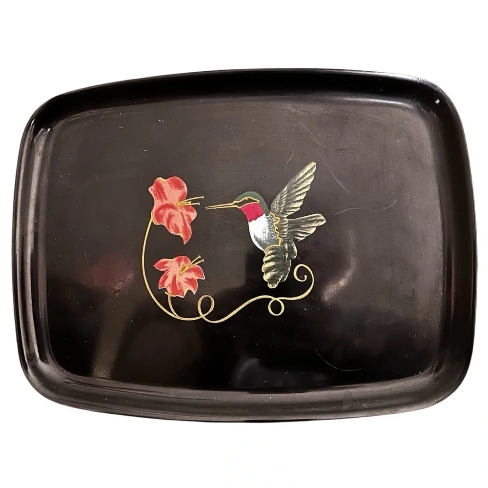 Vintage Couroc Monterey Ca Hand Inlaid Hummingbird Flowers Tray